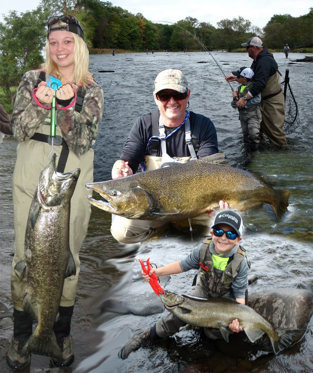 collage of salmon fishing images